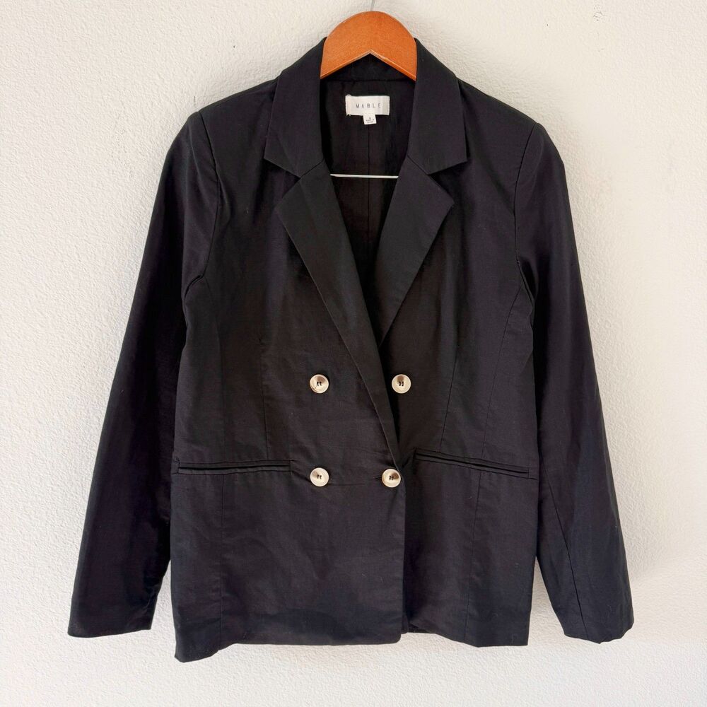 Mable Anthropologie Black Double Breasted Linen Blend Blazer Chic Minimalist S